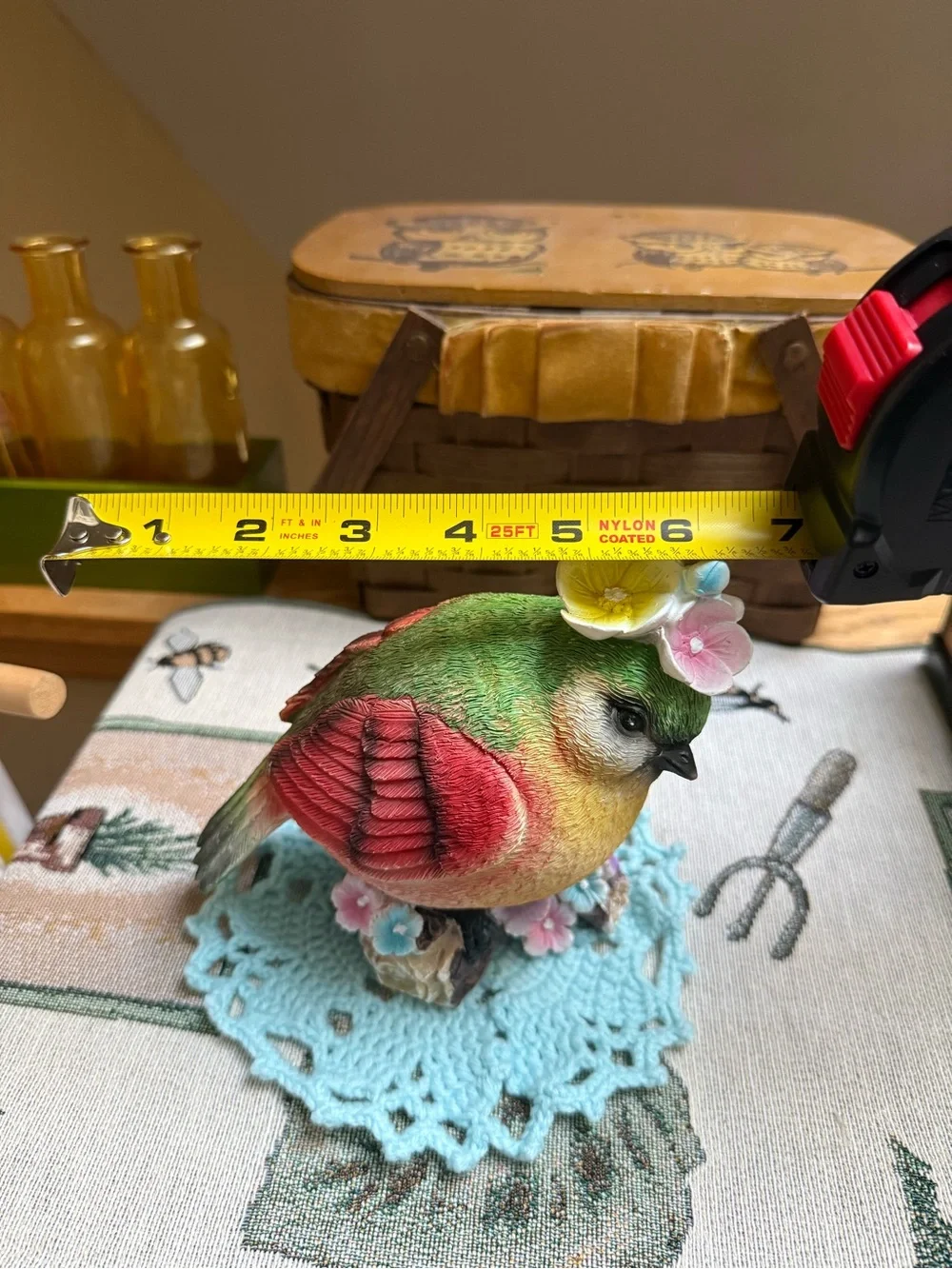 Colorful Decorative Bird Figurine with Pastel Floral Accents -Green, Red, Yellow